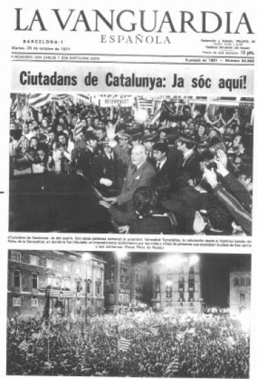 Portada de La Vanguardia con la llegada de Tarradellas