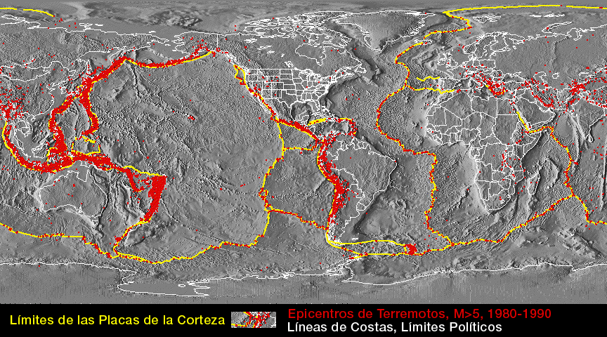 mapa de distribución de fuertes terremotos que coincide con los límites de placas